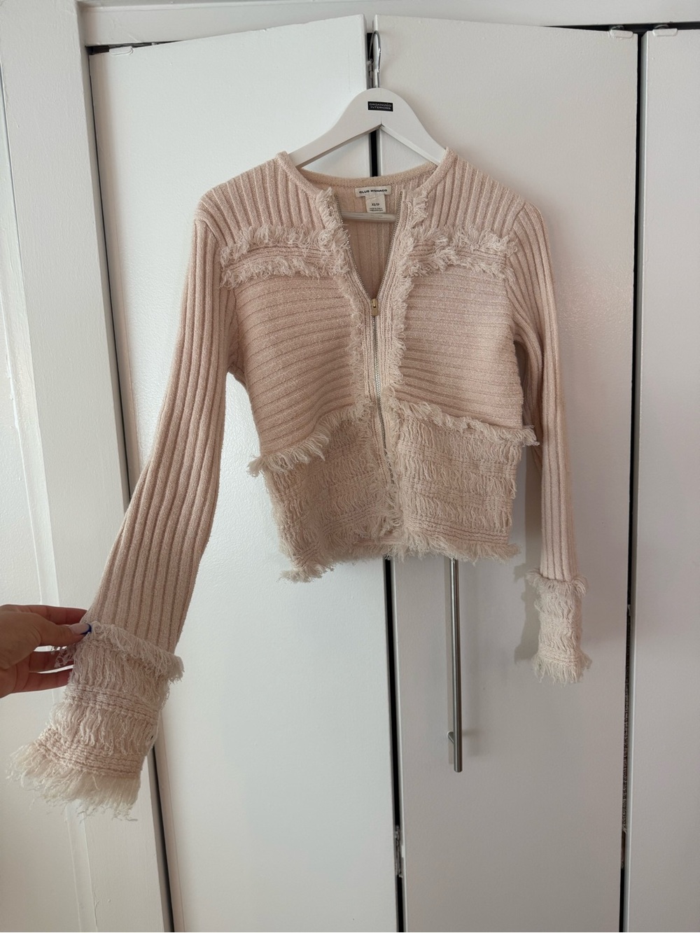 Club Monaco Cream Fringed Zip-Front Knit Cardigan